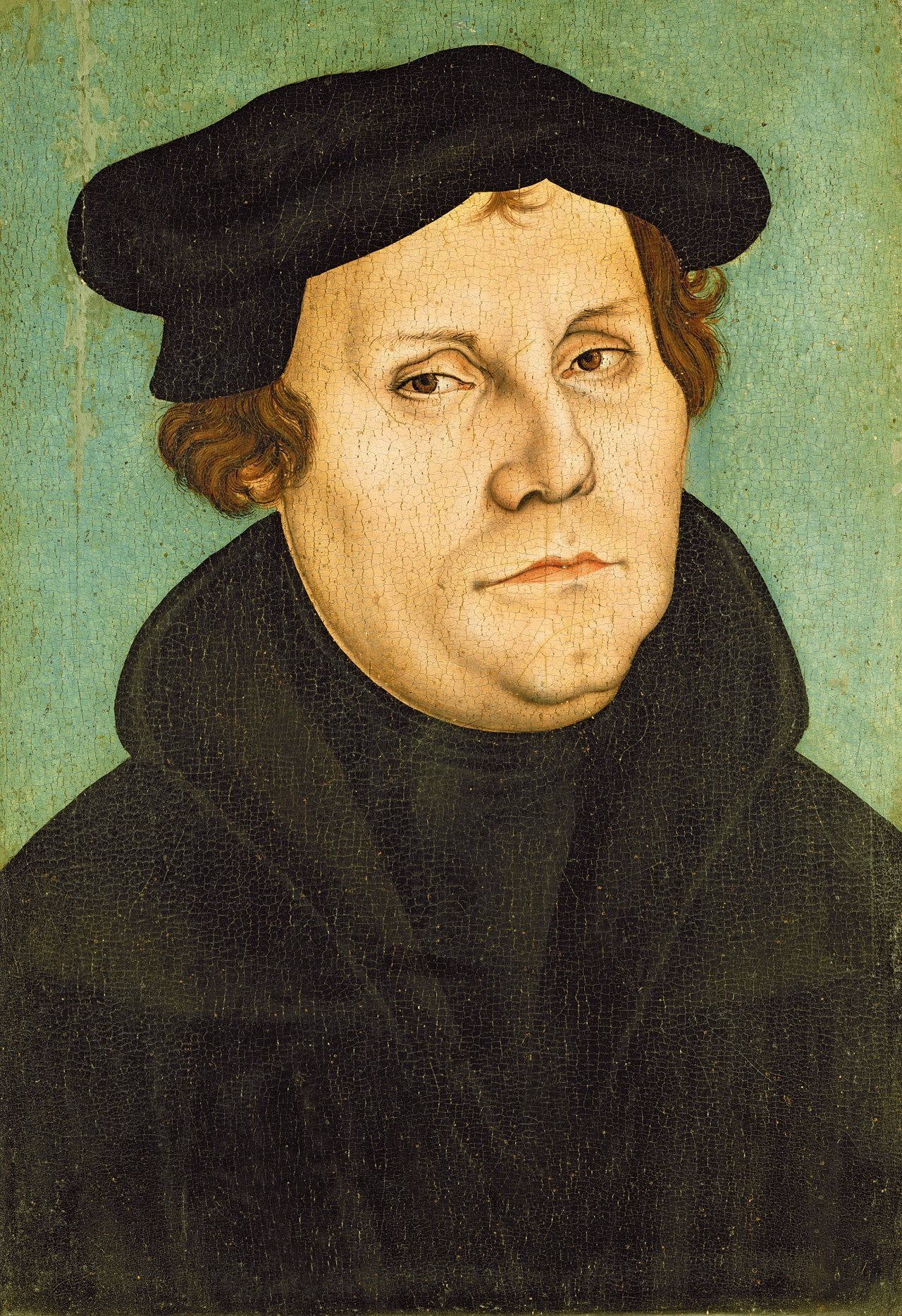 Martin Luther (Werkstatt Lucas Cranachs des Älteren, 1528, Sammlung Lutherhaus Wittenberg) Atelier/Werkstatt von Lucas Cranach der Ältere • Public domain 