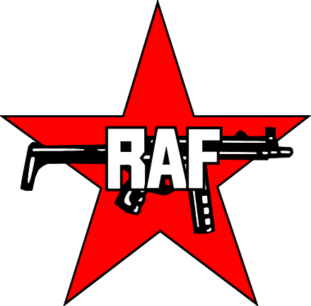 Logo der RAF: eine Maschinenpistole HK MP5 vor einem Roten Stern• Ratatosk • Public domain